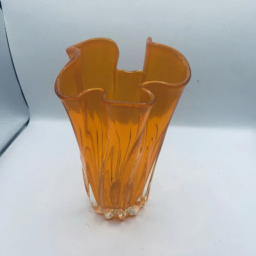 Ruffled Orange Handkerchief Top Blown  Glass Vase 7” Tall!